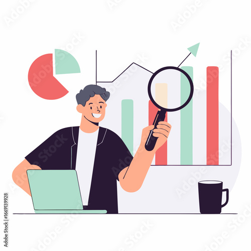 Man Analyzing Data with Magnifying Glass and Charts