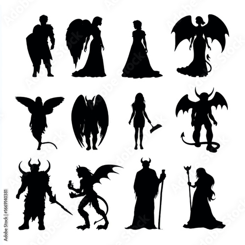 Angel and devil silhouette set, Black & White silhouette set