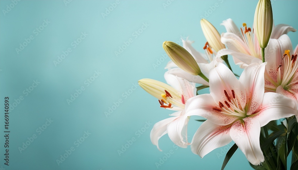 Fototapeta premium bouquet of lilies against soft blue background