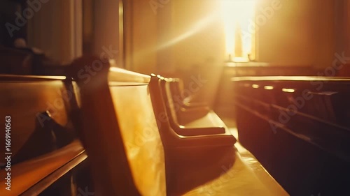 Interior view of church with rows of wooden pews bathed in golden sunlight illuminating architecture