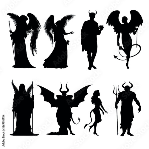 Angel and devil silhouette set, Black & White silhouette set