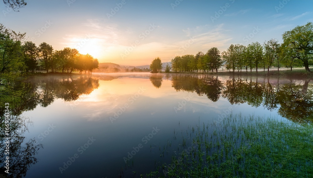Obraz premium tranquil sunrise over lake reflection of trees in water nature landscape