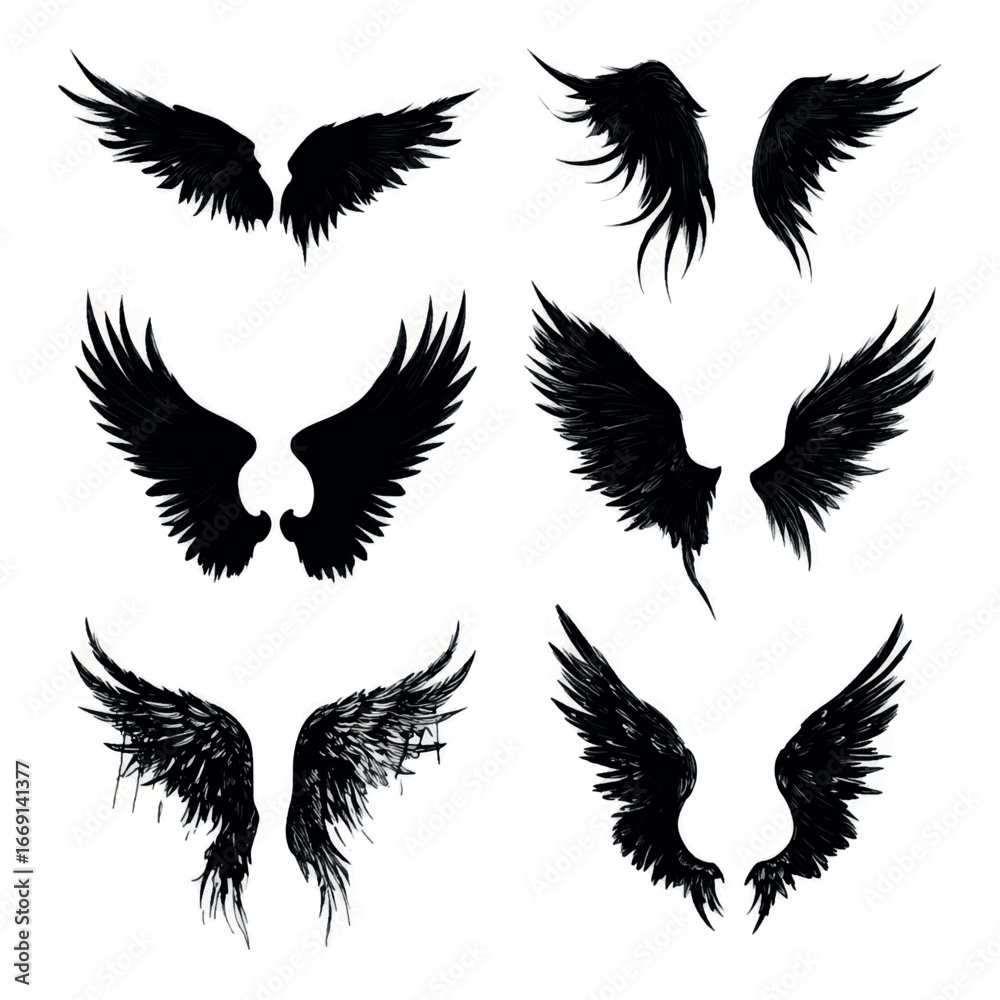 Obraz premium Angel wing silhouette set, Black & White silhouette set