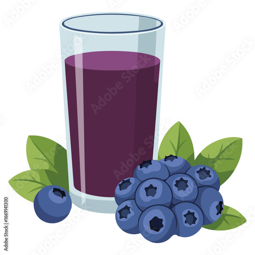 Refreshing blueberry juice in glass jar with straw vector illustration on white background