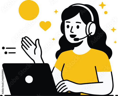 A woman with a headset and laptop waving with yellow accents in a minimalist vector illustration