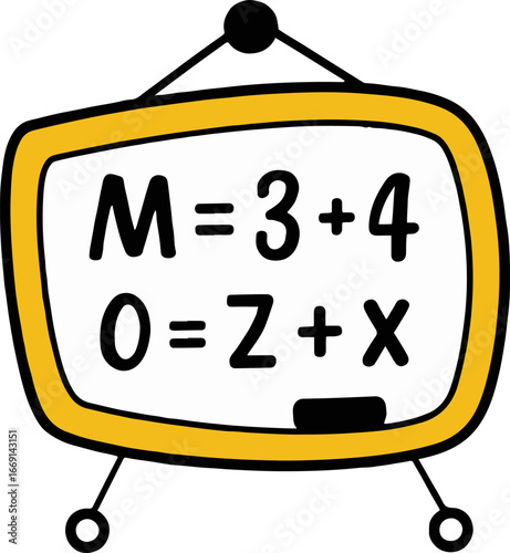 A cartoon style drawing of a yellow framed whiteboard with math equations and a black eraser on it