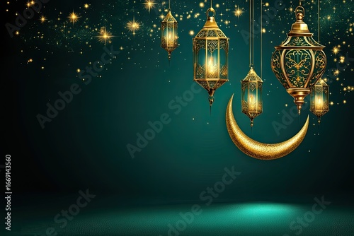 Golden Crescent Moon and Ornate Lanterns Against a Starry Emerald Backdrop for Ramadan