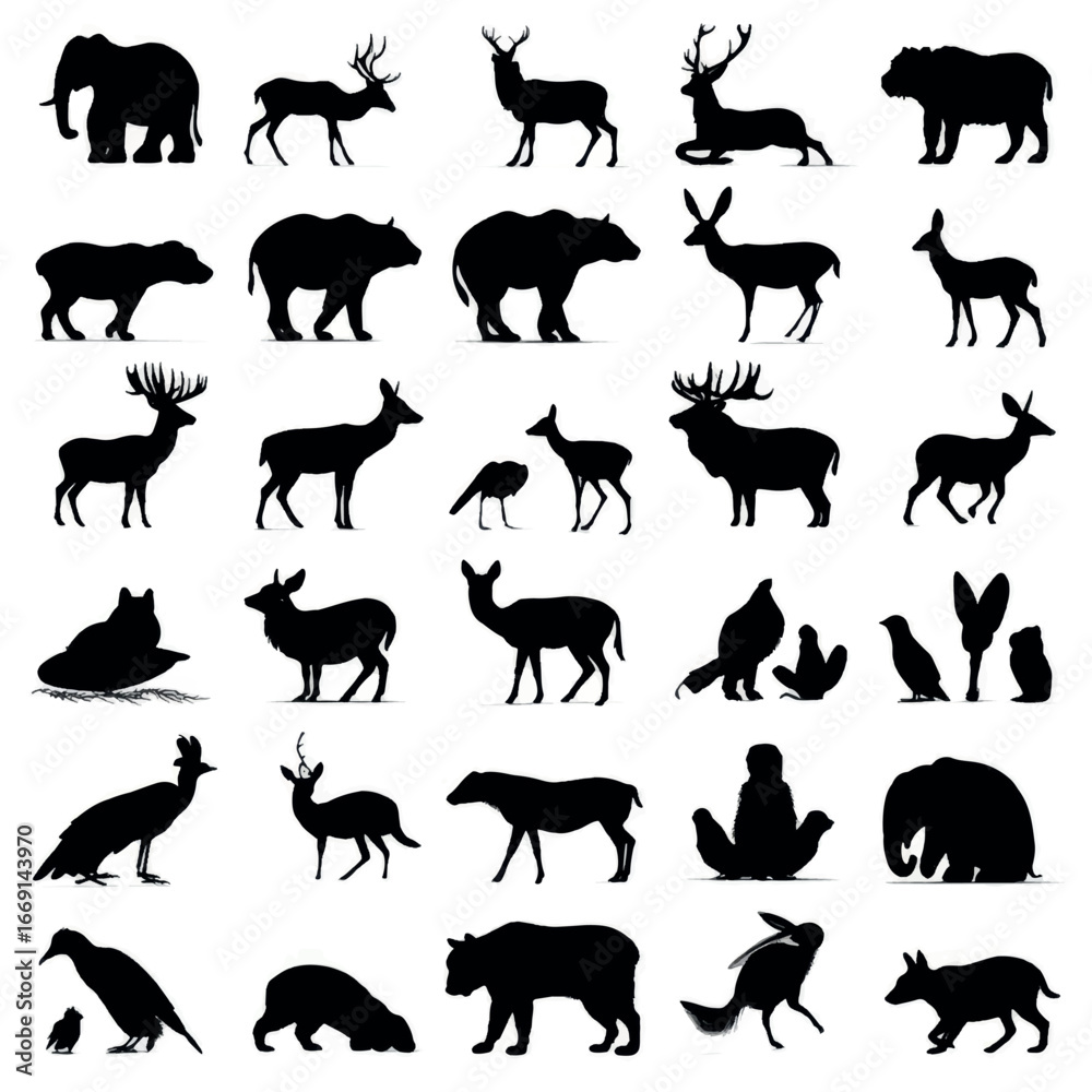 Fototapeta premium Animal silhouette set, Black & White silhouette set