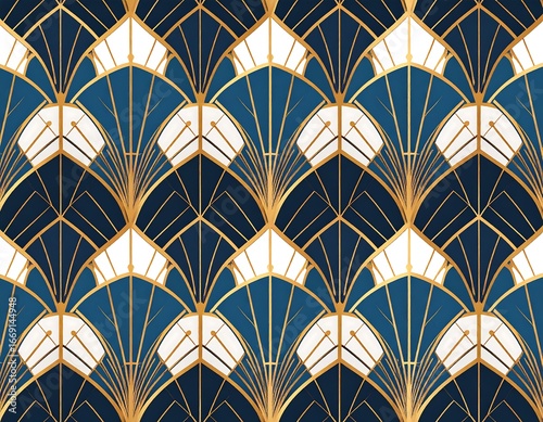 Art Deco Blue Gold Seamless Pattern.