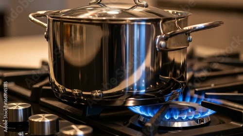 A shiny pot boiling on a gas stove in a modern kitchen.