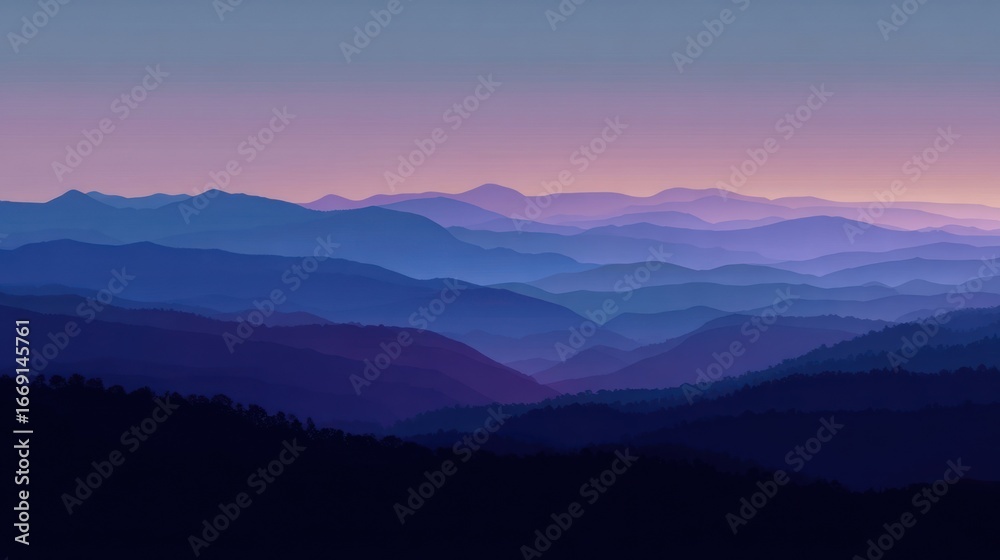 Serene Mountain Range Landscape with Gradient Hues, Creating a Peaceful and Majestic Scene, Ideal for Nature Enthusiasts and Landscape Art Lovers