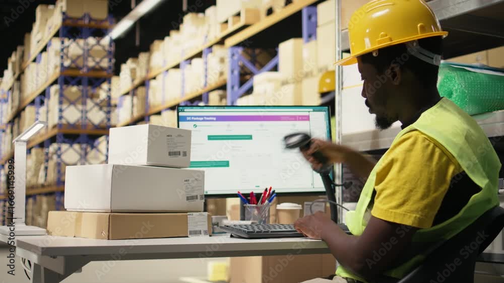 African American worker applying airway bill details and scanning ...