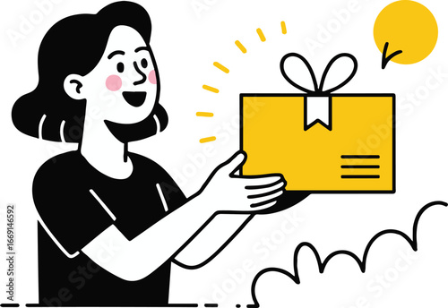 A woman holding a yellow gift box with a bow in her hands with a sun in the background illustration