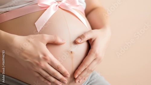 Wallpaper Mural A pregnant woman's belly is adorned with a pink ribbon tied in a bow, while her hands form a heart shape over the stomach, symbolizing love and anticipation for the baby. Torontodigital.ca