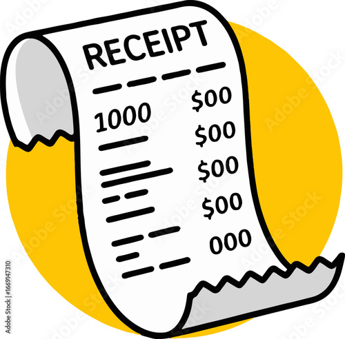 A cartoon style illustration of a receipt with itemized list and dollar amounts on a yellow circle