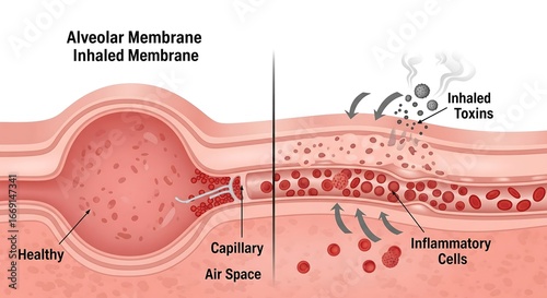 Scientific depiction of alveolar inflammation and injury resulting from the inhalation of harmful toxic substances