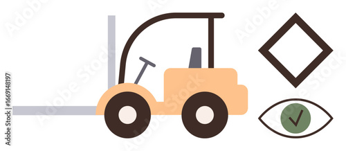 Forklift beside diamond shape and green-checked eye indicating safety, navigation, and control. Ideal for logistics, warehouse, machinery, safety, productivity, quality control industrial work