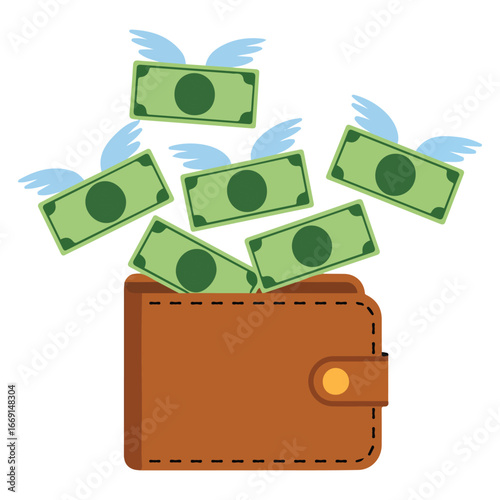 Money flying out of open bag spending dollars concept flat vector illustration on white background