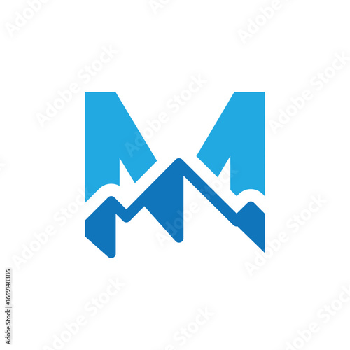 The image shows a flat logo design of a letter M with mountain as the element in blue color on a white background