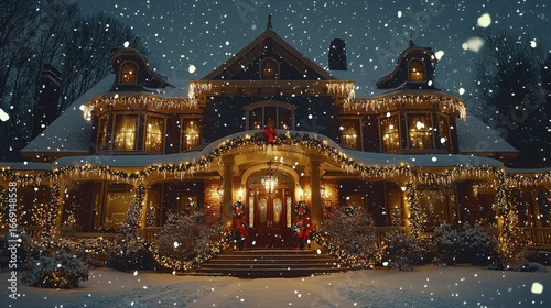 Wallpaper Mural A beautifully decorated house at Christmas, glowing warmly under falling snow. Torontodigital.ca