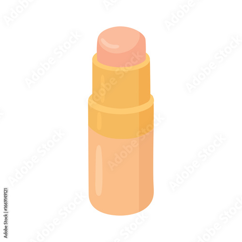 Cosmetic highlighter stick with golden case, peach shade, flat style, clean isolated illustration.