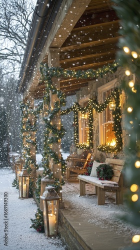 Wallpaper Mural Christmas porch beautifully decorated with lights and garland in a winter snow scene. Torontodigital.ca