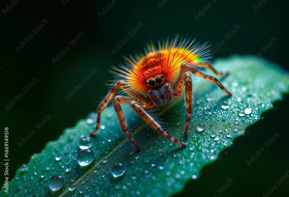 Fototapeta premium Rainbow fluffy spider playfully perched on a sparkling dew-kissed leaf, nature, invertebrate
