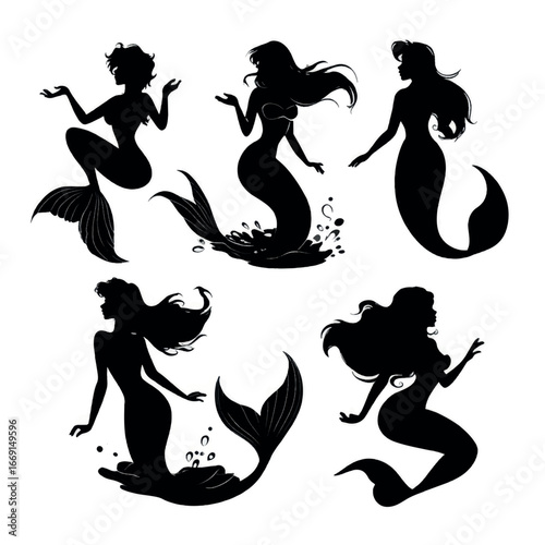 Ariel mermaid silhouette set, Black & White silhouette set