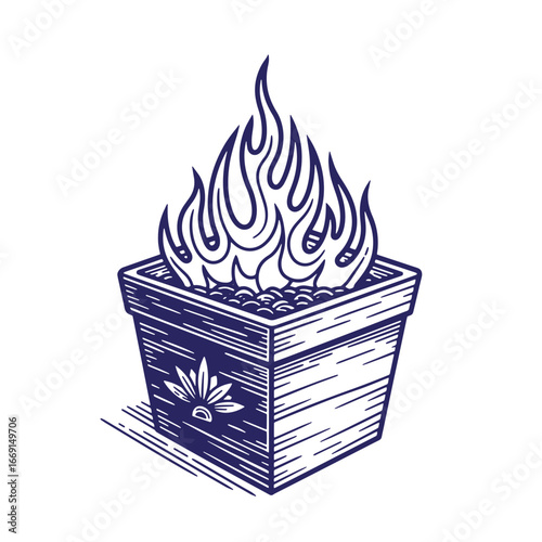 A burning cannabis plant depicted in a stylized engraved illustration concept
