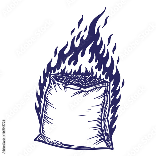 A burning sack filled with organic material illustrated with a vintage engraving style