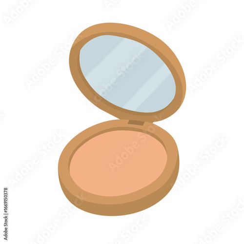 Beige compact foundation with mirror in golden case, flat style, minimal clean isolated illustration.