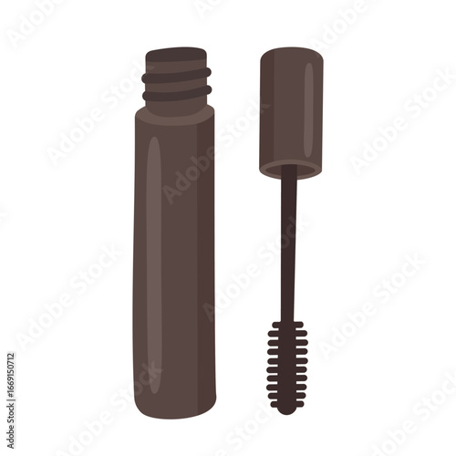 Mascara tube with opened wand applicator in dark brown color, flat style, clean isolated illustration.