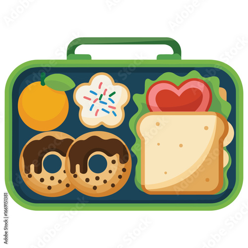 School lunch box with fruit burger and biscuits flat vector illustration on white background