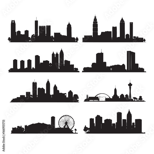 Atlanta Georgia skyline silhouette set, Black & White silhouette set