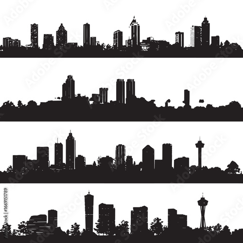 Atlanta Georgia skyline silhouette set, Black & White silhouette set