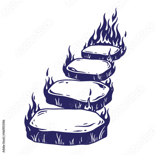 Stepping stones ascending with fire illustration depicting growth and progression