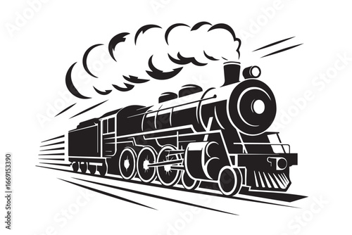 retro steam locomotive vector illustration with motion lines evoking speed travel heritage rail transportation black and white