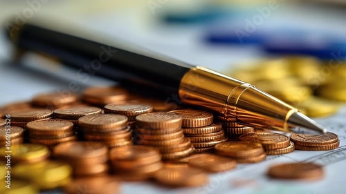 Elegant Gold Pen Rests on Stacks of Coins and Financial Reports