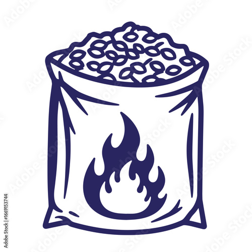 Vector illustration of a bag containing fuel pellets and a flame symbol for energy concept