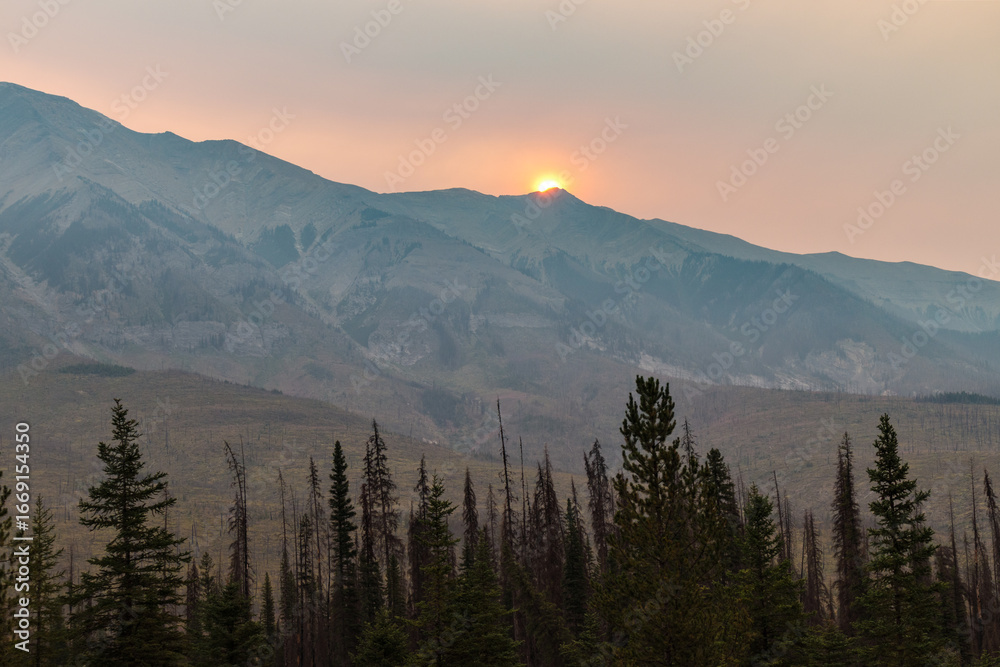 Obraz premium Golden sun sets behind rugged mountain peaks, casting a warm glow over the forested valley below