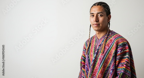 Young Indigenous Man with Braids Wearing Colorful Traditional Clothing Isolated on Transparent Background