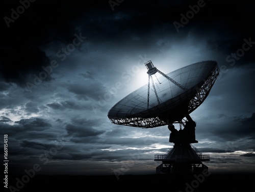 Satellite dish antenna technology communication signal receiver under clouds sky