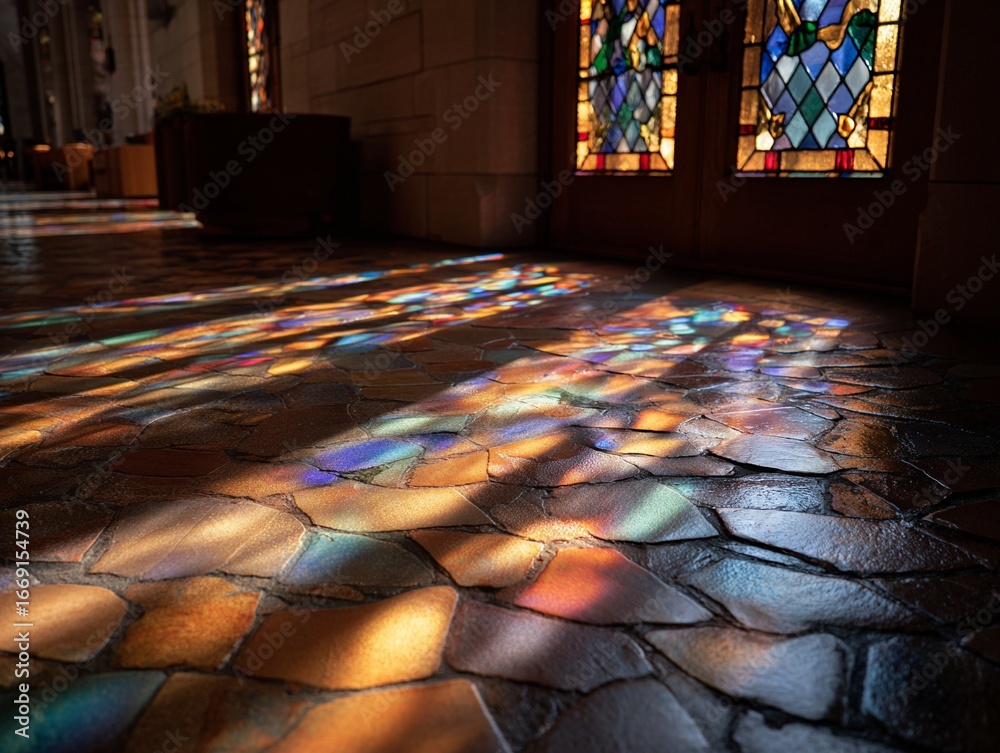 Obraz premium Stained glass light church floor pattern colorful architecture interior view