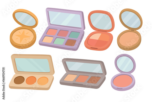 Flat vector illustration of assorted cosmetic palettes with mirrors, including blush, eyeshadow, and powder.