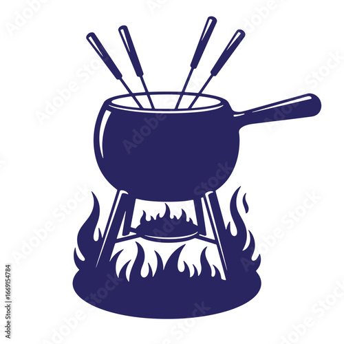 Vector illustration of a fondue pot cooking with flames in minimalist style on white background