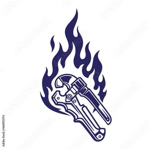 Vector illustration of a pipe wrench engulfed in flames representing skilled repair work