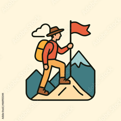 Vector drawing of successful hiker reaching mountain top carrying rucksack, planting flag, celebrating outdoor adventure exploration achievement