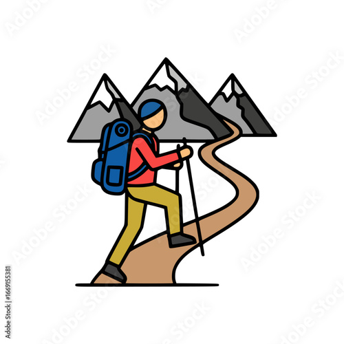 Adventure travel vector of mountaineer carrying hiking stick and backpack, trekking path toward high alpine snowy mountains