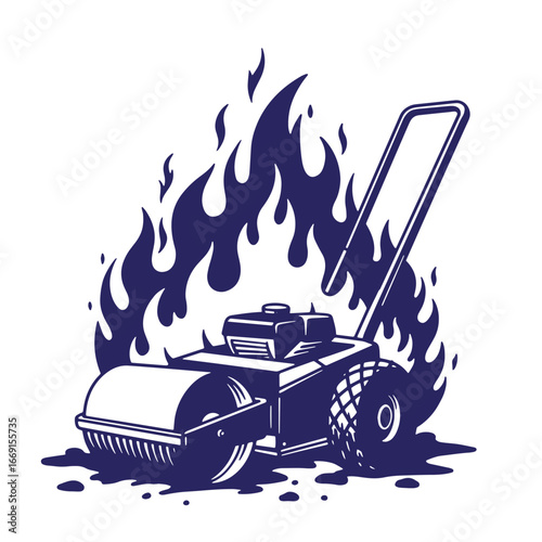 Vector illustration of a road roller engulfed in flames on a solid white background