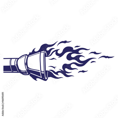 Vector illustration of a stylized exhaust pipe with flames emanating a powerful burst of energy